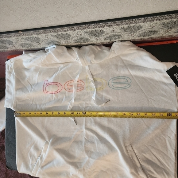 Bebe Neon Lites Logo Pullover Hoodie Sz 2X White Thumbholes NWT(2 tiny blk dots) - Picture 6 of 13